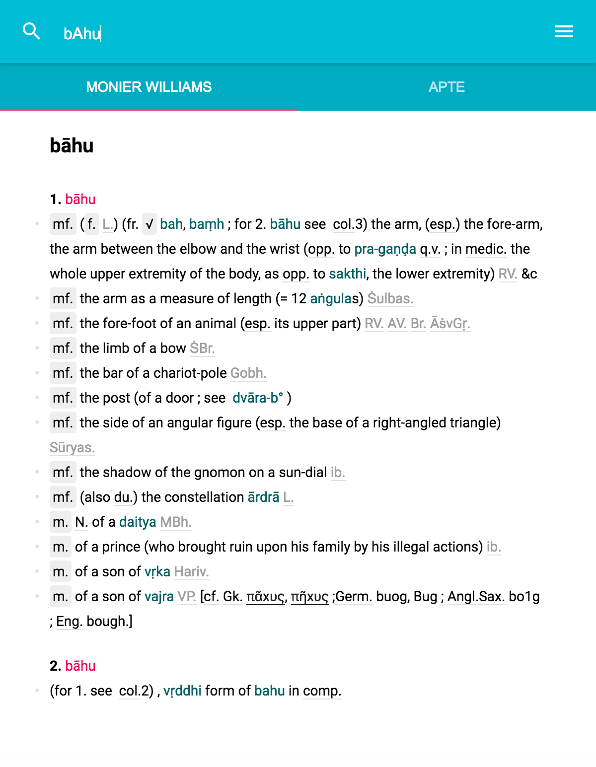 Moniew-Williams translation of "bāhu" word